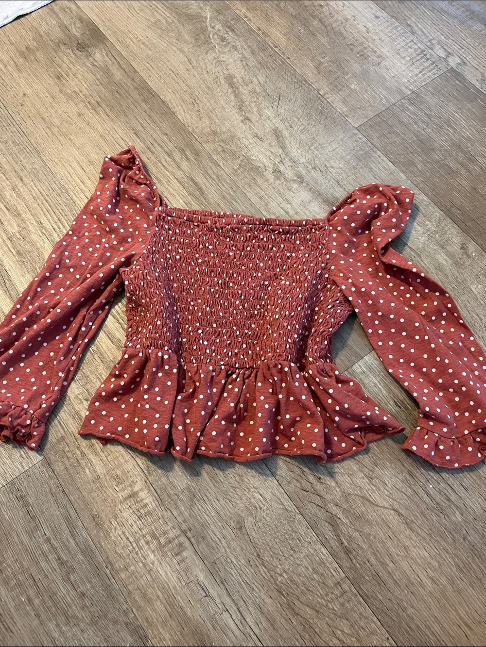 American Eagle  Rust Red Polka Dot Smocked Peplum Crop Top